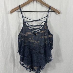 Express Blue Lace Asymmetric Y2K Feminine Sheer Boho Top Womens Sz XS Romantic